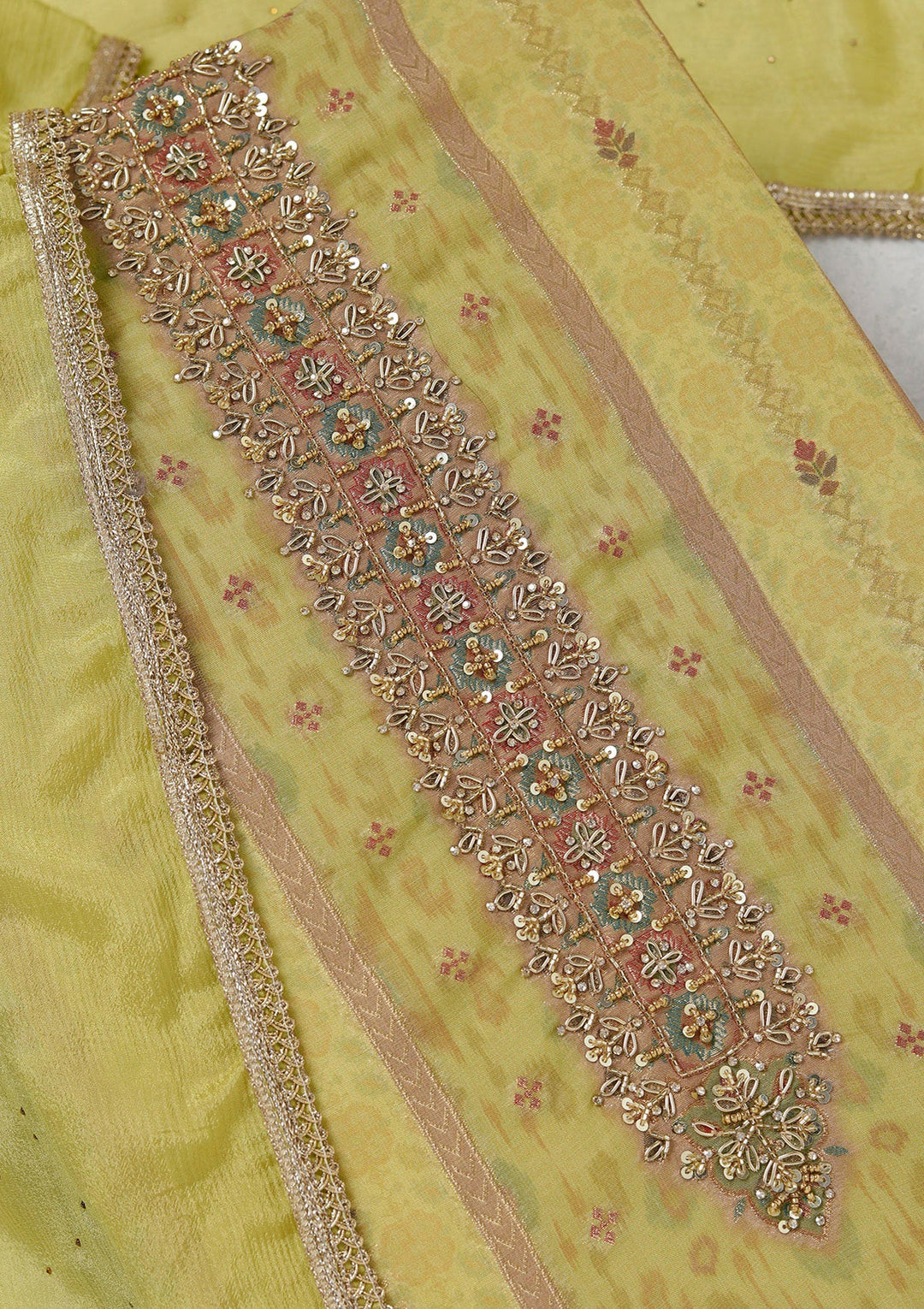 Lemon Yellow Zariwork (Gold) Organza Unstitched Salwar Suit_koskii