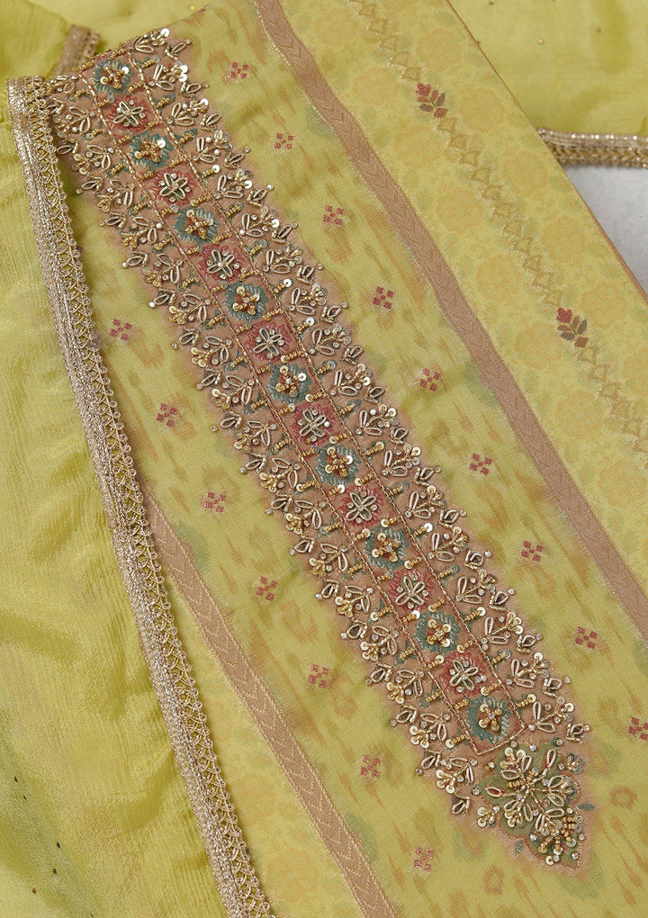Lemon Yellow Zariwork (Gold) Organza Unstitched Salwar Suit_koskii