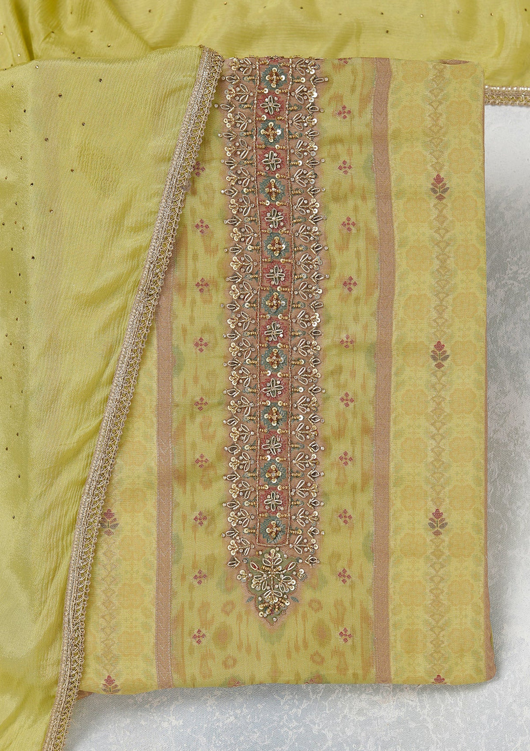 Lemon Yellow Zariwork (Gold) Organza Unstitched Salwar Suit_koskii