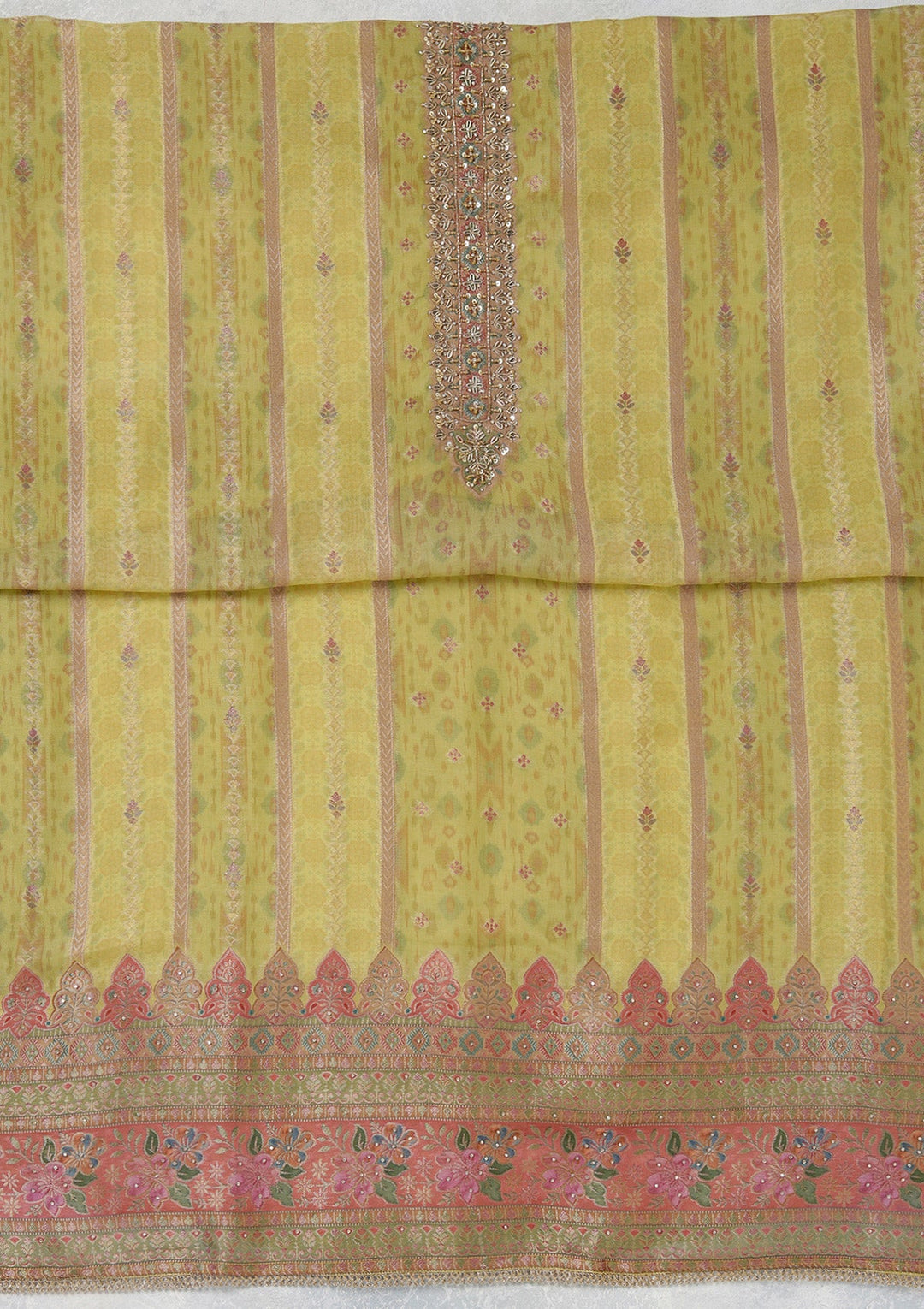 Lemon Yellow Zariwork (Gold) Organza Unstitched Salwar Suit_koskii