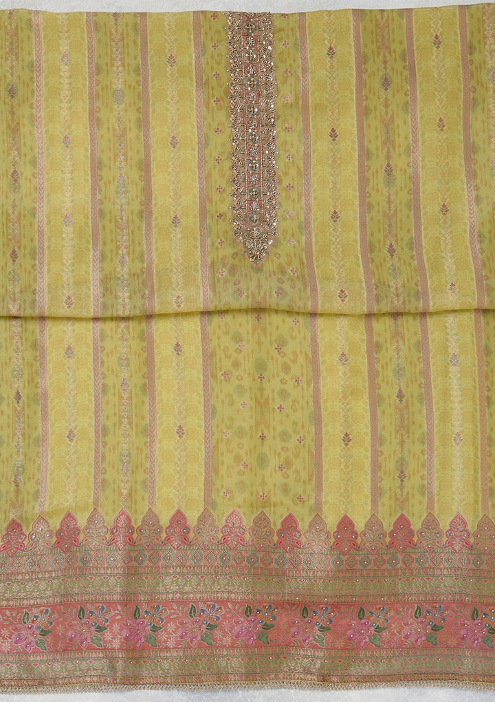 Lemon Yellow Zariwork (Gold) Organza Unstitched Salwar Suit_koskii