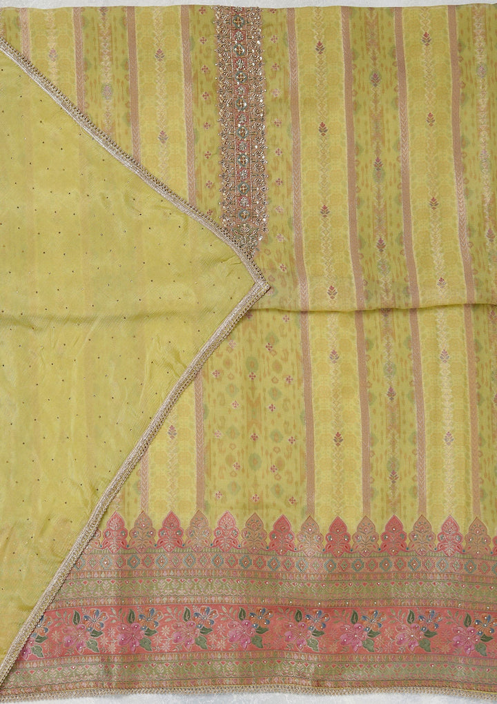 Lemon Yellow Zariwork (Gold) Organza Unstitched Salwar Suit_koskii