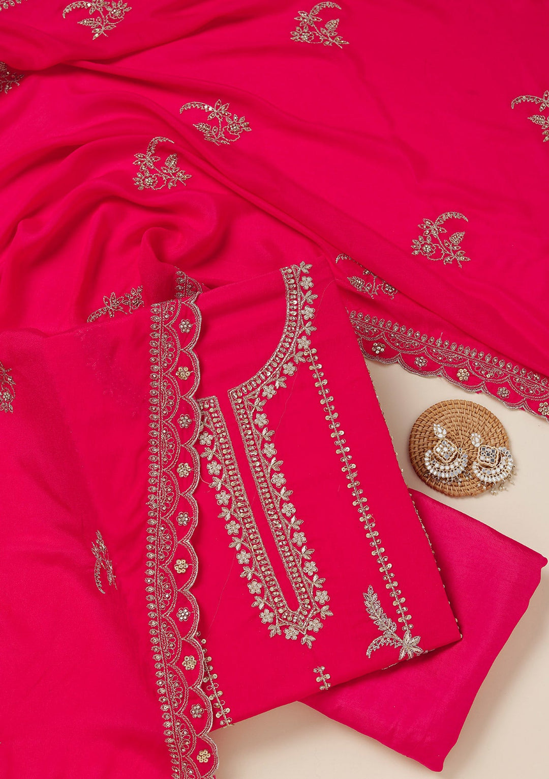 Rani Pink Zariwork (Gold) Georgette Unstitched Salwar Suit_koskii
