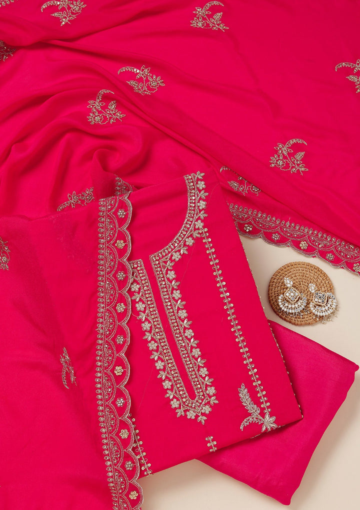 Rani Pink Zariwork (Gold) Georgette Unstitched Salwar Suit_koskii