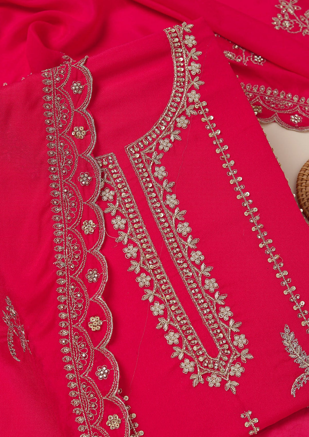 Rani Pink Zariwork (Gold) Georgette Unstitched Salwar Suit_koskii