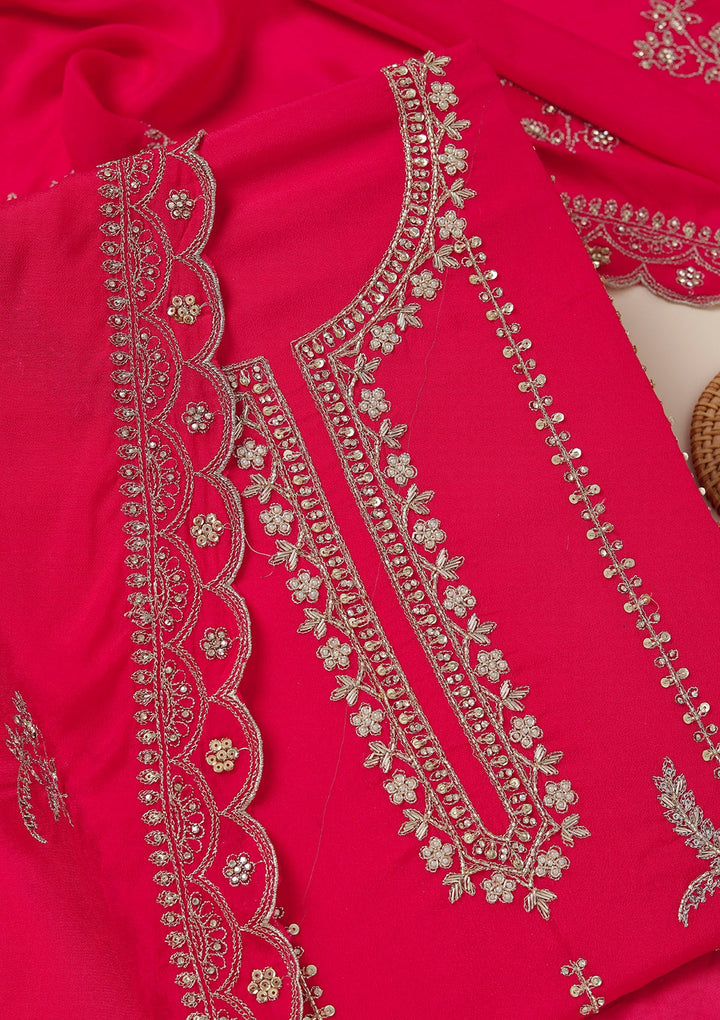 Rani Pink Zariwork (Gold) Georgette Unstitched Salwar Suit_koskii