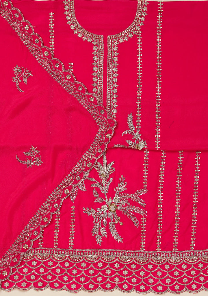 Rani Pink Zariwork (Gold) Georgette Unstitched Salwar Suit_koskii
