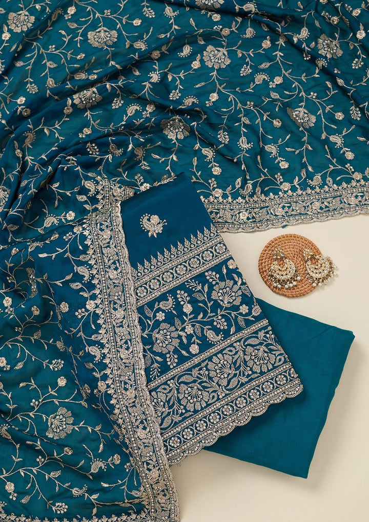 Peacock Blue Zariwork (Silver) Semi Crepe Unstitched Salwar Suit_koskii
