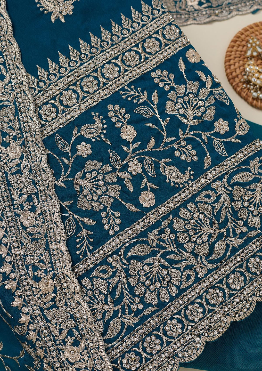 Peacock Blue Zariwork (Silver) Semi Crepe Unstitched Salwar Suit_koskii