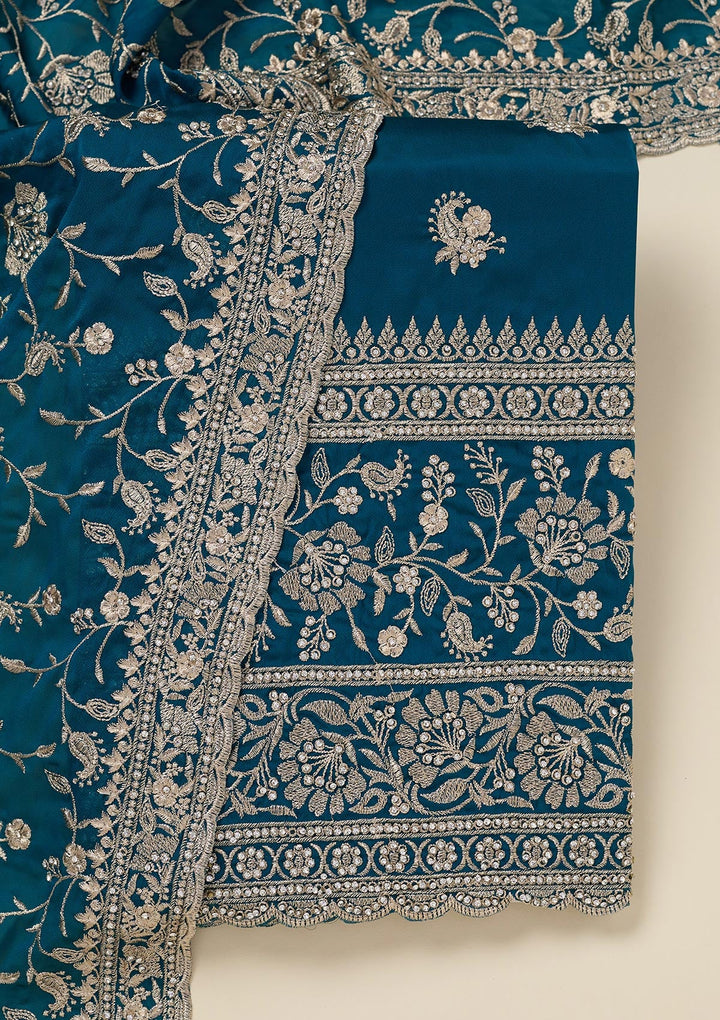 Peacock Blue Zariwork (Silver) Semi Crepe Unstitched Salwar Suit_koskii