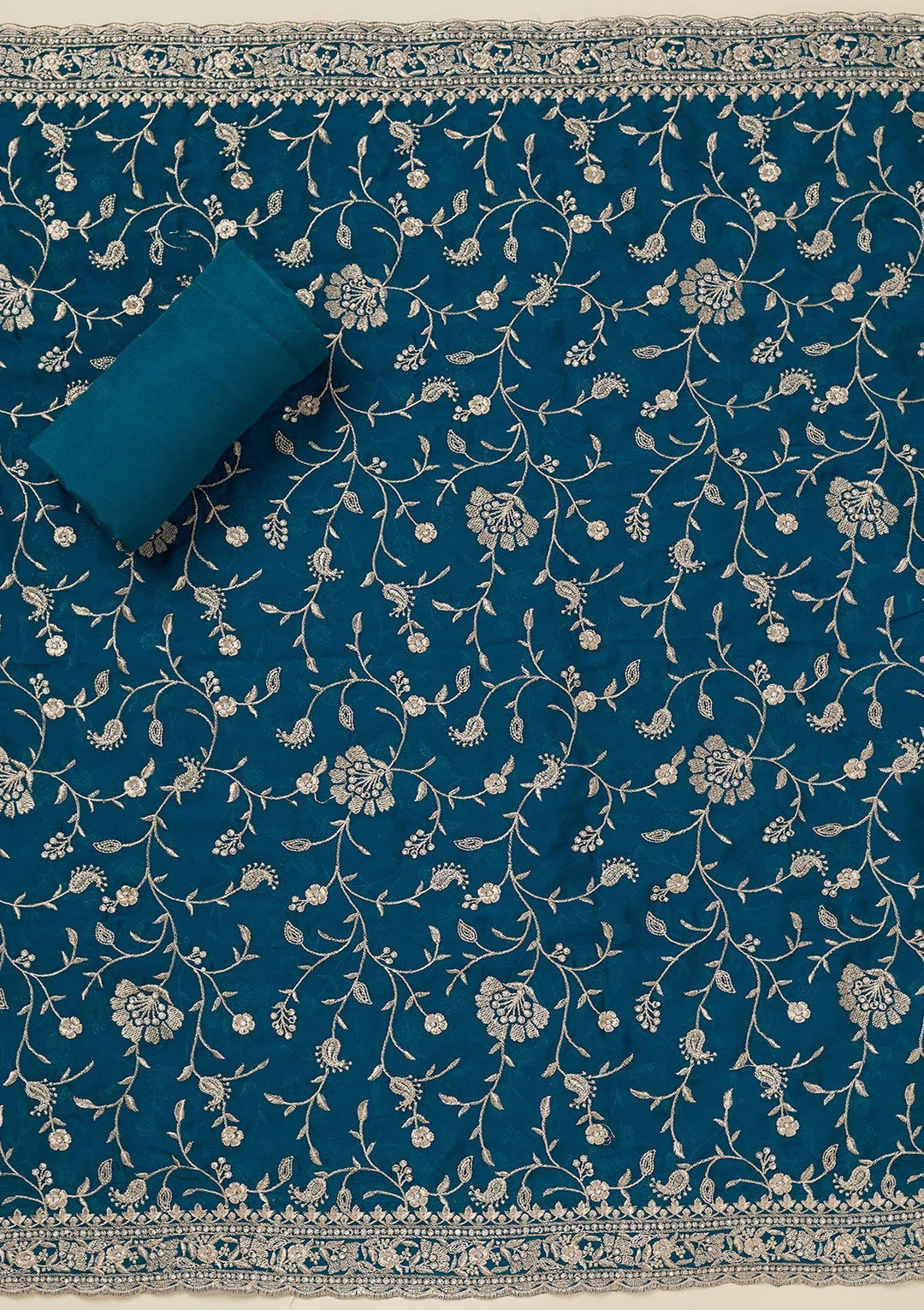 Peacock Blue Zariwork (Silver) Semi Crepe Unstitched Salwar Suit_koskii