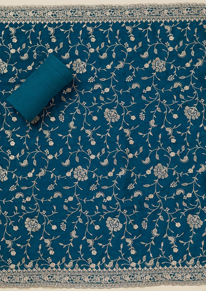 Peacock Blue Zariwork (Silver) Semi Crepe Unstitched Salwar Suit_koskii