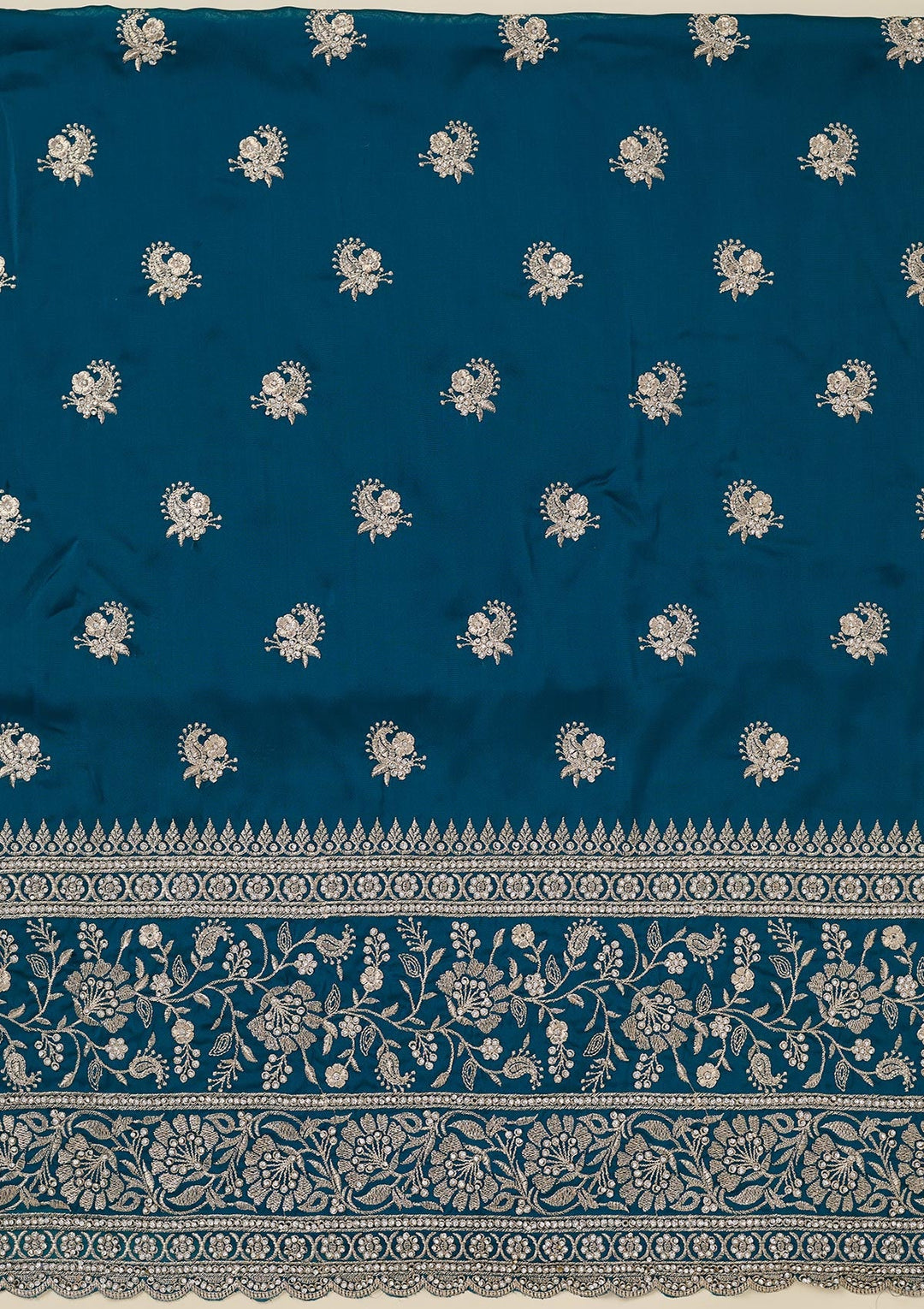 Peacock Blue Zariwork (Silver) Semi Crepe Unstitched Salwar Suit_koskii