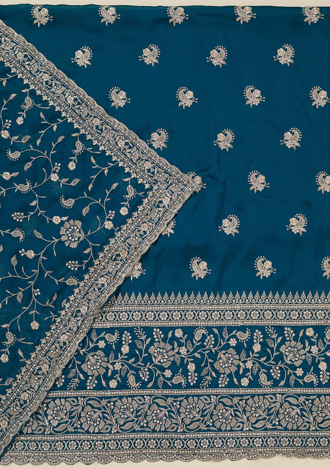 Peacock Blue Zariwork (Silver) Semi Crepe Unstitched Salwar Suit_koskii