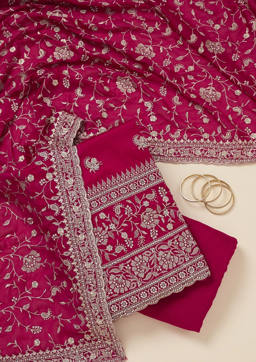 Rani Pink Zariwork (Silver) Semi Crepe Unstitched Salwar Suit_koskii