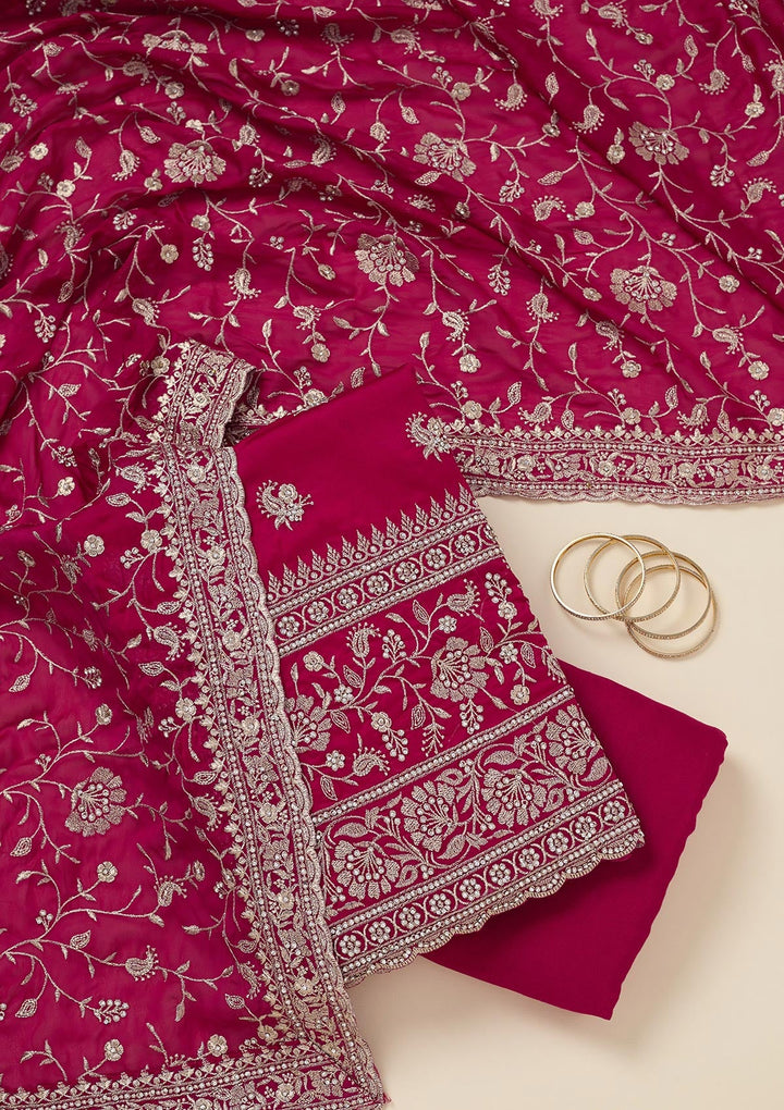 Rani Pink Zariwork (Silver) Semi Crepe Unstitched Salwar Suit_koskii