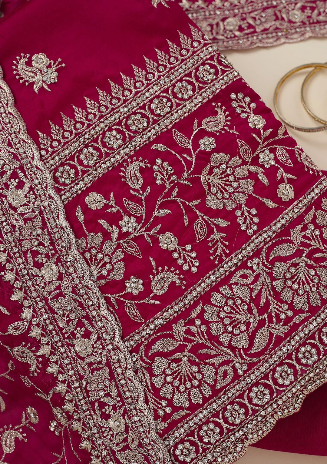 Rani Pink Zariwork (Silver) Semi Crepe Unstitched Salwar Suit_koskii