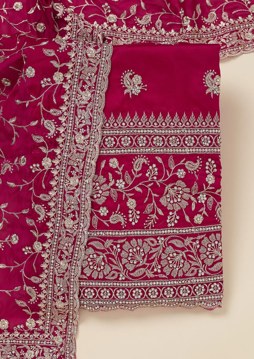 Rani Pink Zariwork (Silver) Semi Crepe Unstitched Salwar Suit_koskii