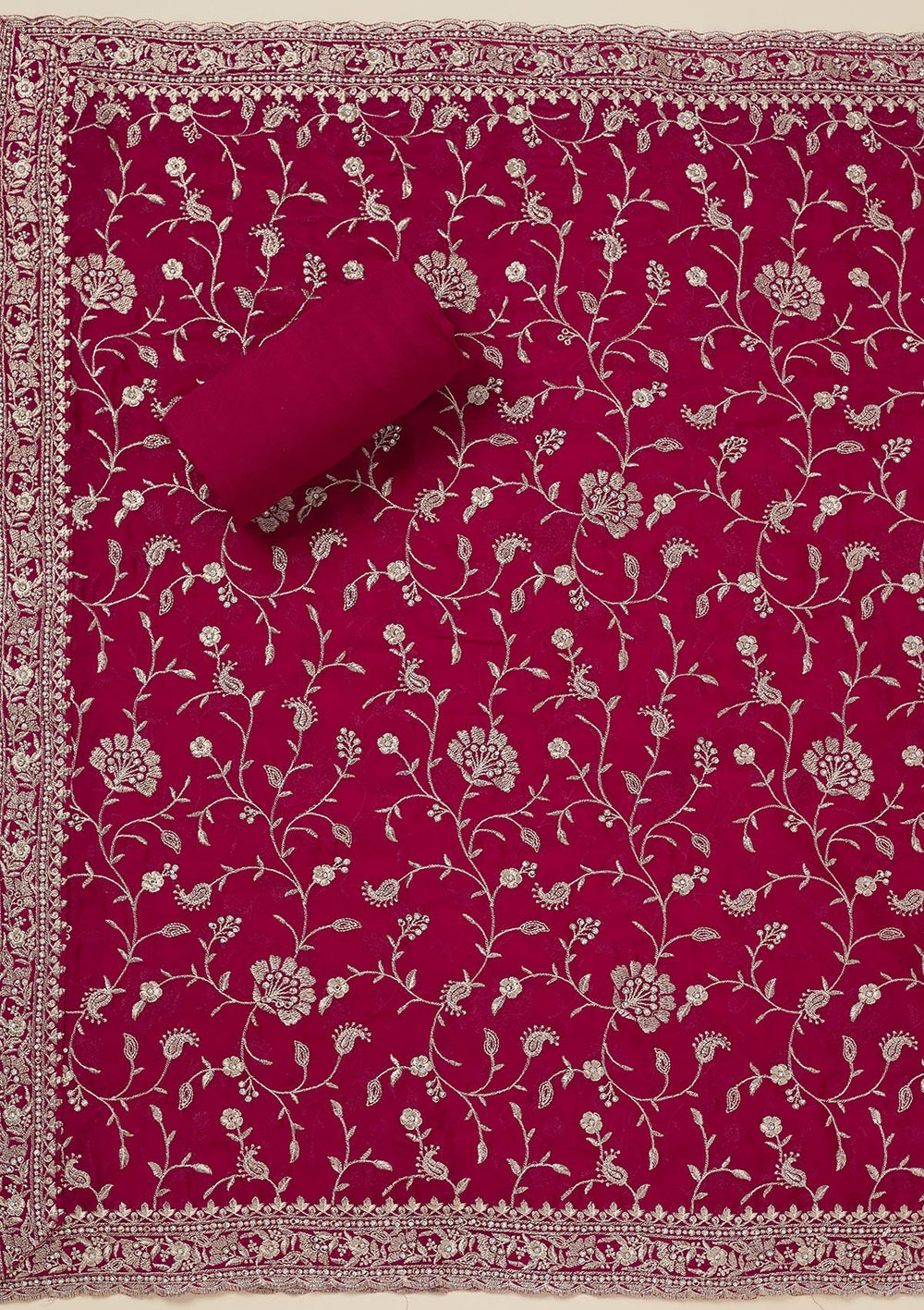 Rani Pink Zariwork (Silver) Semi Crepe Unstitched Salwar Suit_koskii