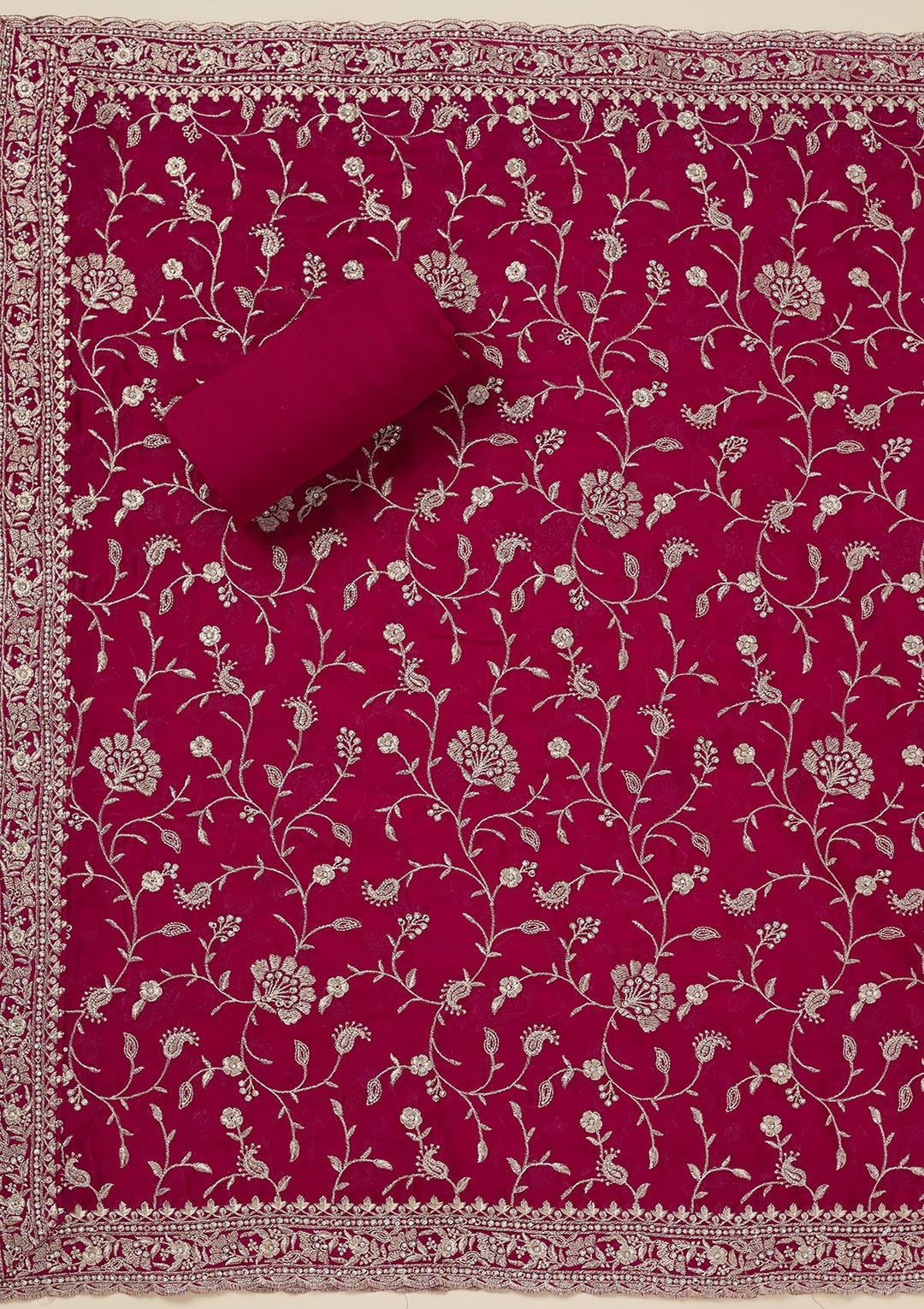 Rani Pink Zariwork (Silver) Semi Crepe Unstitched Salwar Suit_koskii