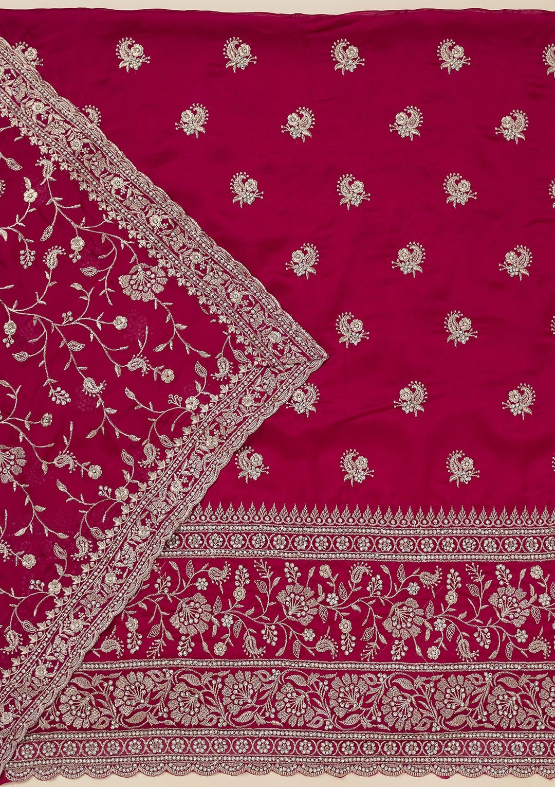 Rani Pink Zariwork (Silver) Semi Crepe Unstitched Salwar Suit_koskii