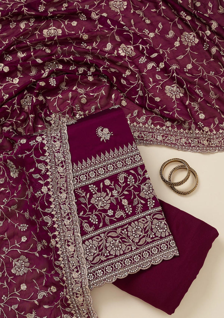 Wine Zariwork (Silver) Semi Crepe Unstitched Salwar Suit_koskii