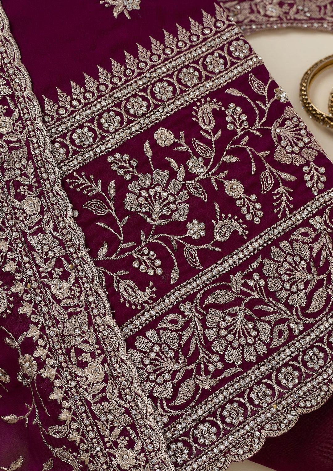 Wine Zariwork (Silver) Semi Crepe Unstitched Salwar Suit_koskii