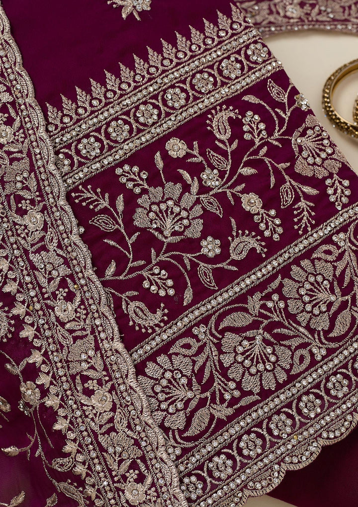 Wine Zariwork (Silver) Semi Crepe Unstitched Salwar Suit_koskii