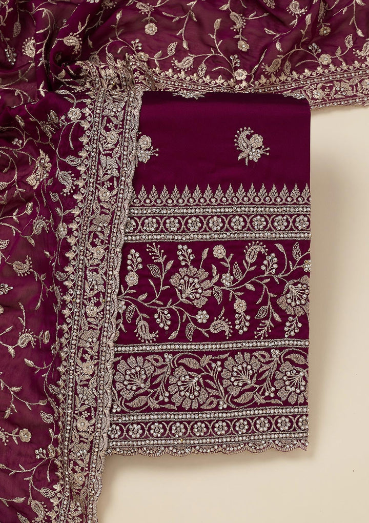 Wine Zariwork (Silver) Semi Crepe Unstitched Salwar Suit_koskii