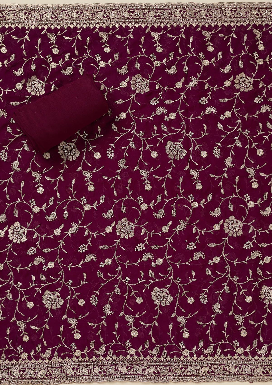 Wine Zariwork (Silver) Semi Crepe Unstitched Salwar Suit_koskii