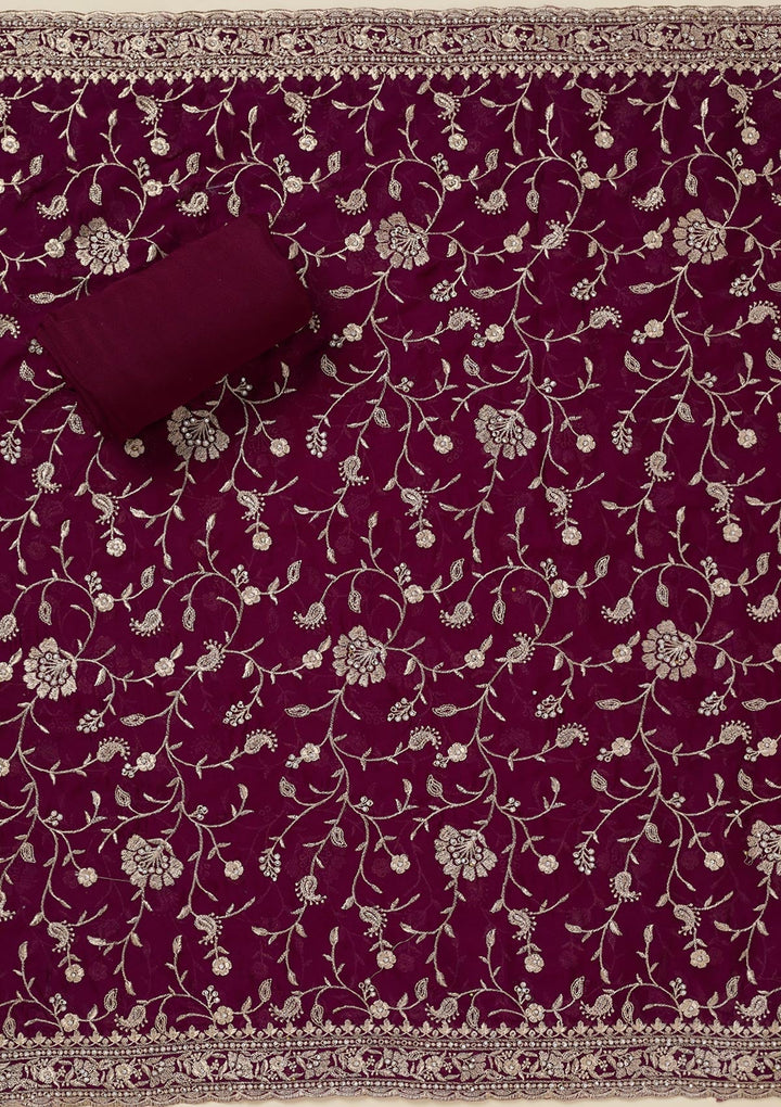 Wine Zariwork (Silver) Semi Crepe Unstitched Salwar Suit_koskii