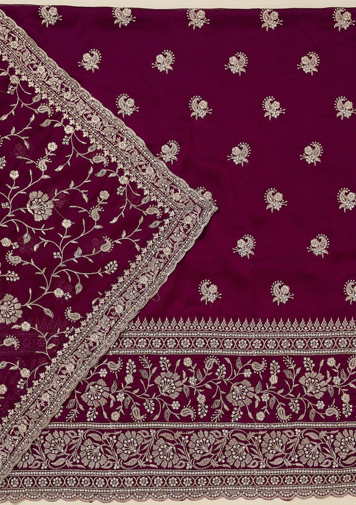 Wine Zariwork (Silver) Semi Crepe Unstitched Salwar Suit_koskii