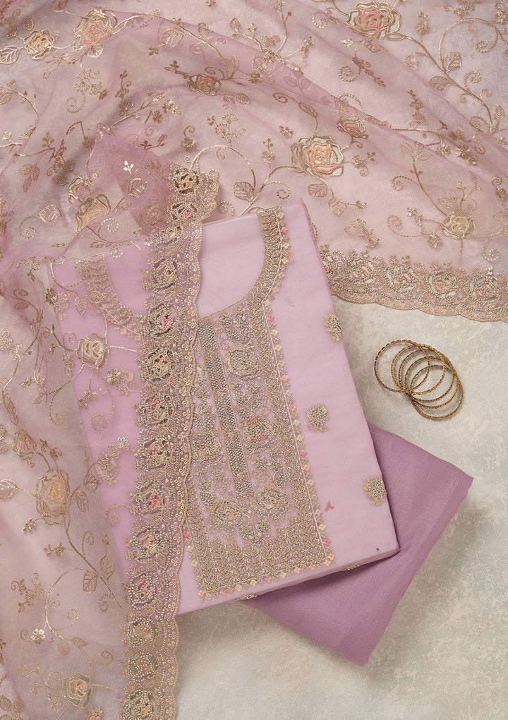 Lavender Zariwork (Gold) Organza Unstitched Salwar Suit_koskii