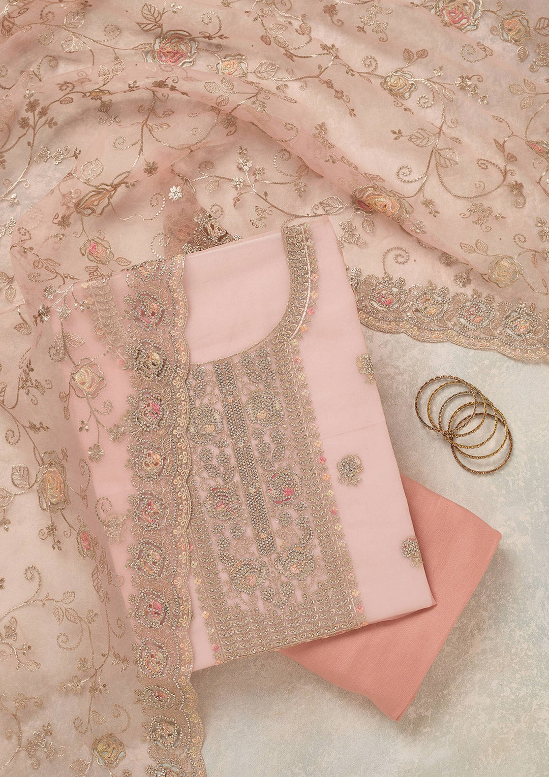 Peach Zariwork (Gold) Organza Unstitched Salwar Suit_koskii