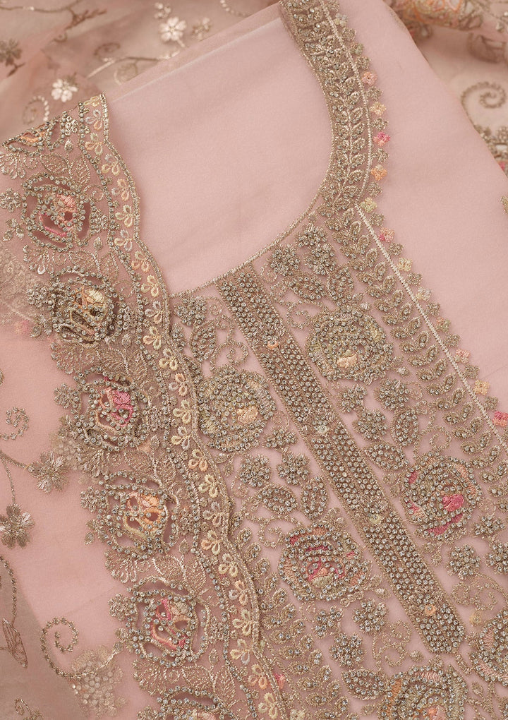 Peach Zariwork (Gold) Organza Unstitched Salwar Suit_koskii