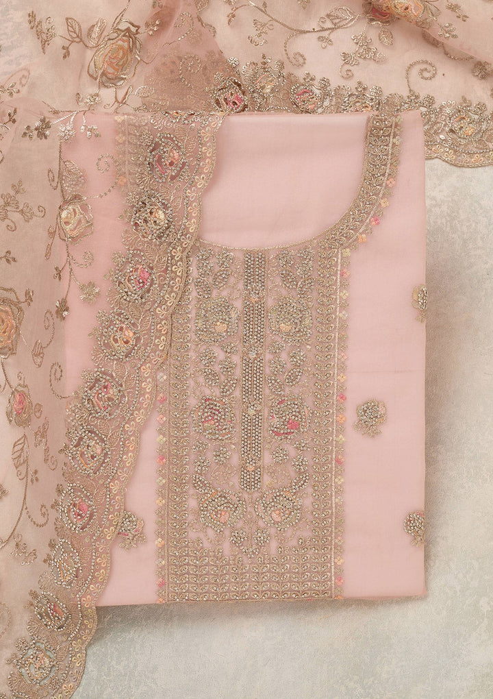 Peach Zariwork (Gold) Organza Unstitched Salwar Suit_koskii