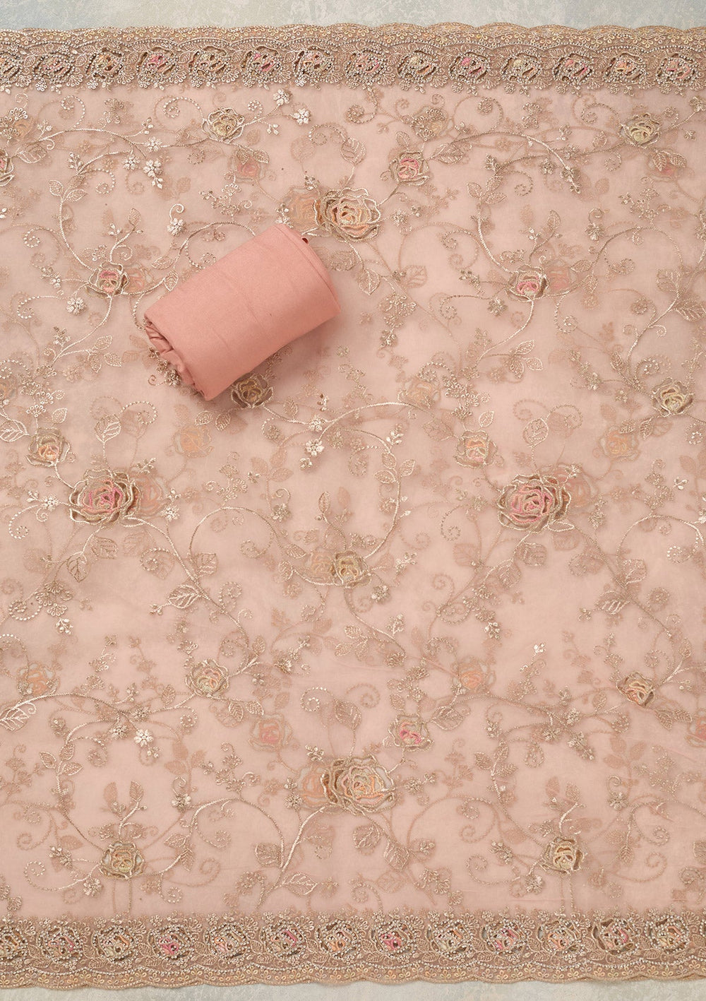 Peach Zariwork (Gold) Organza Unstitched Salwar Suit_koskii