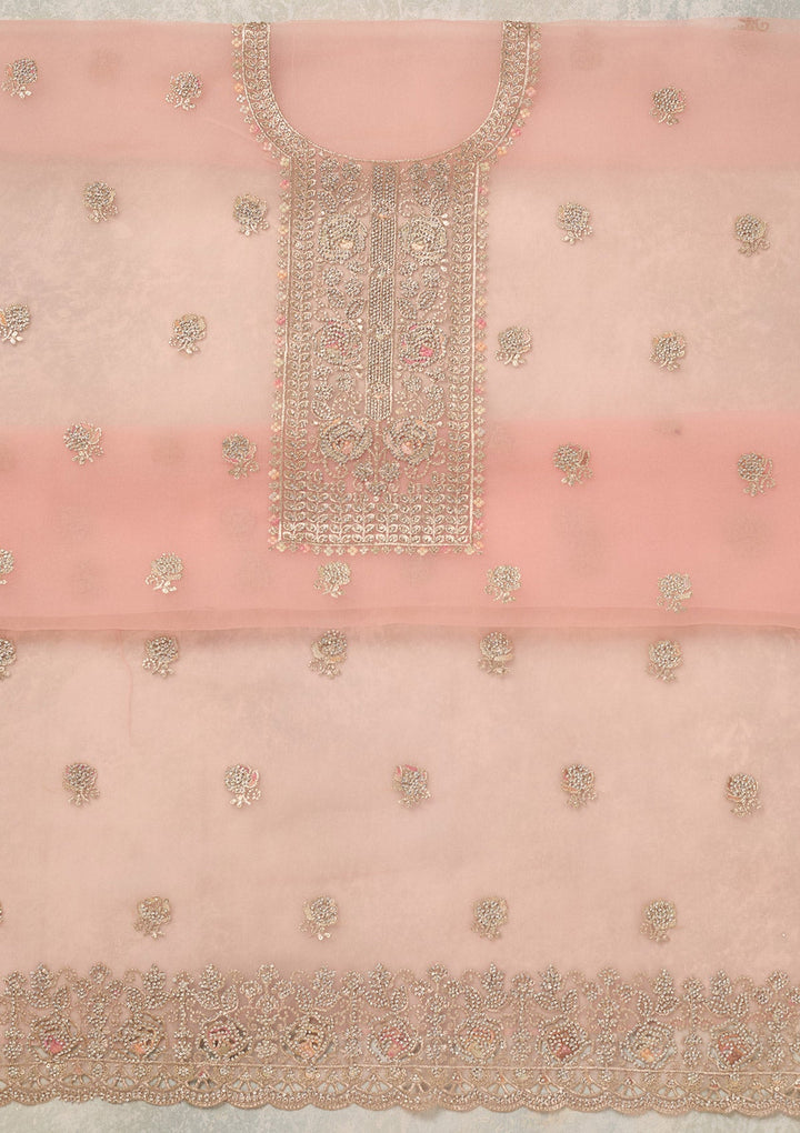 Peach Zariwork (Gold) Organza Unstitched Salwar Suit_koskii