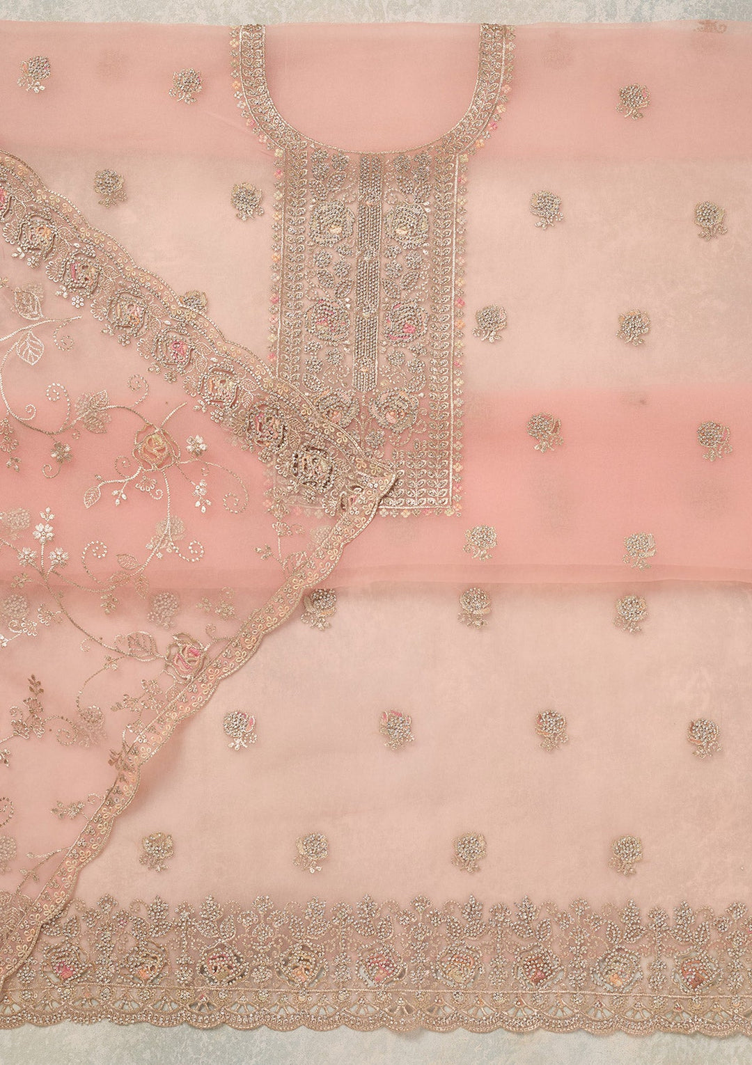 Peach Zariwork (Gold) Organza Unstitched Salwar Suit_koskii