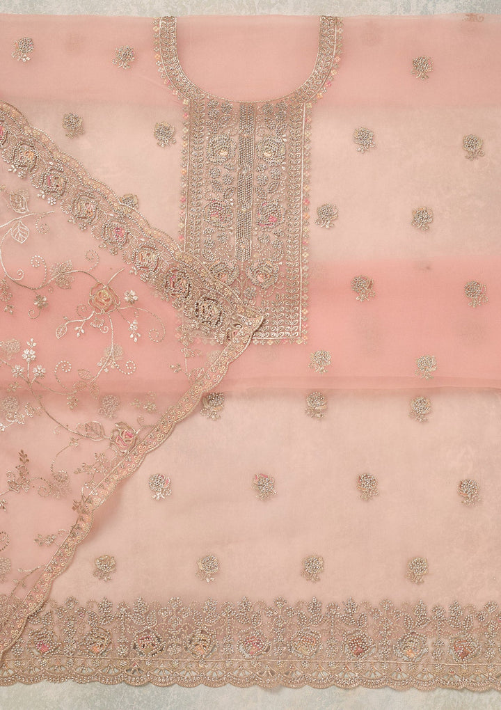 Peach Zariwork (Gold) Organza Unstitched Salwar Suit_koskii