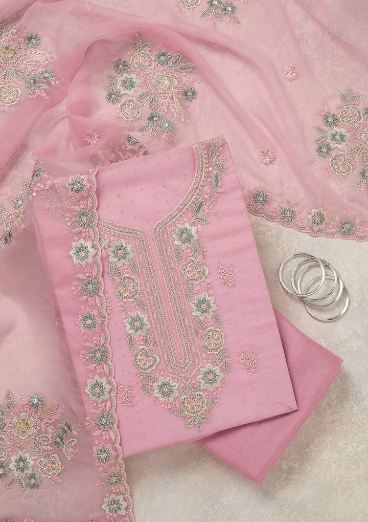 Baby Pink Zariwork (Silver) Organza Unstitched Salwar Suit_koskii