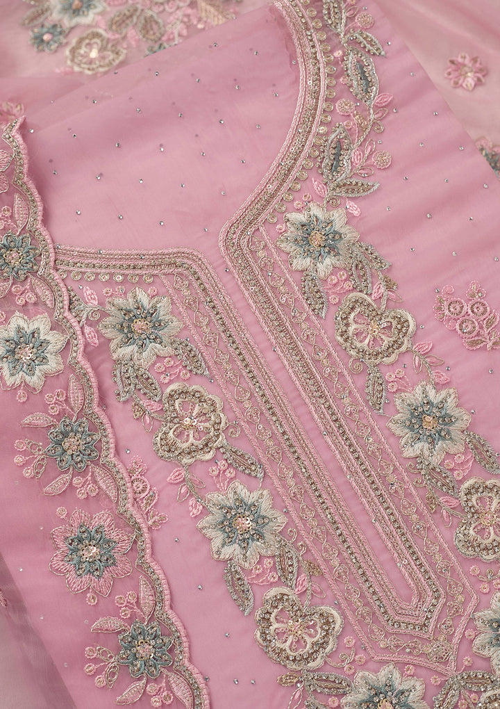 Baby Pink Zariwork (Silver) Organza Unstitched Salwar Suit_koskii