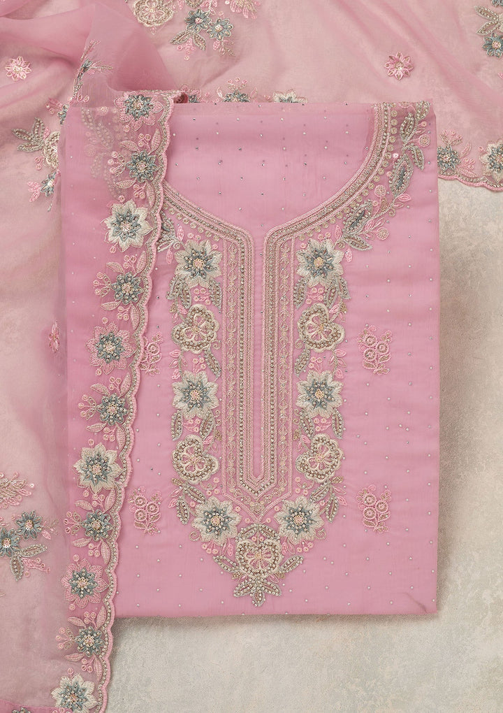 Baby Pink Zariwork (Silver) Organza Unstitched Salwar Suit_koskii