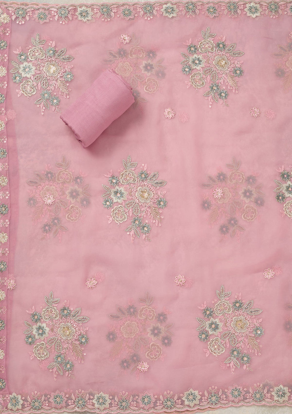 Baby Pink Zariwork (Silver) Organza Unstitched Salwar Suit_koskii