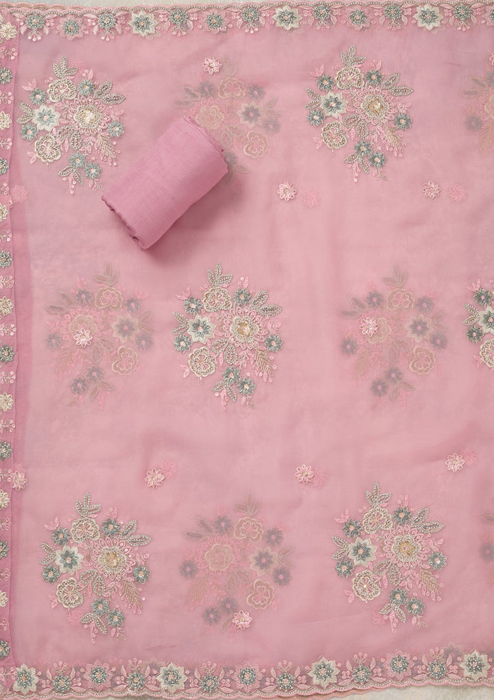 Baby Pink Zariwork (Silver) Organza Unstitched Salwar Suit_koskii