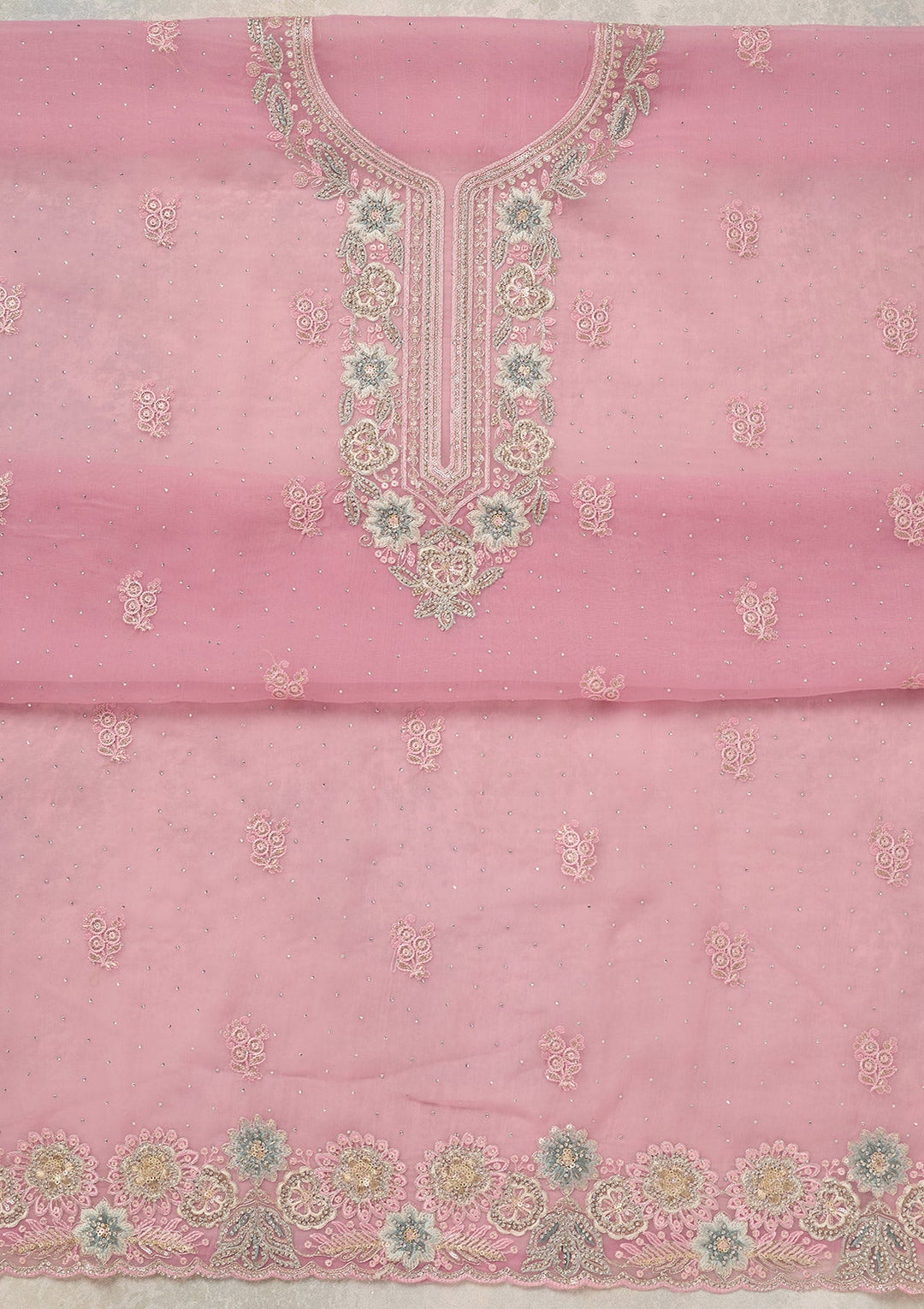 Baby Pink Zariwork (Silver) Organza Unstitched Salwar Suit_koskii