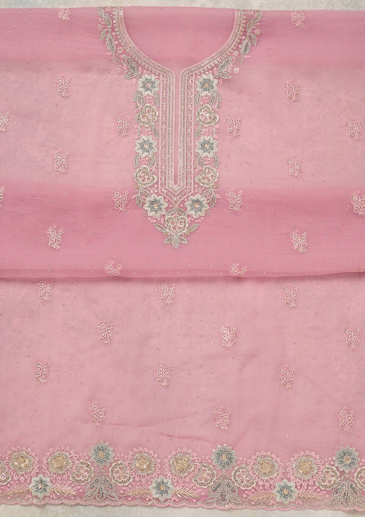 Baby Pink Zariwork (Silver) Organza Unstitched Salwar Suit_koskii