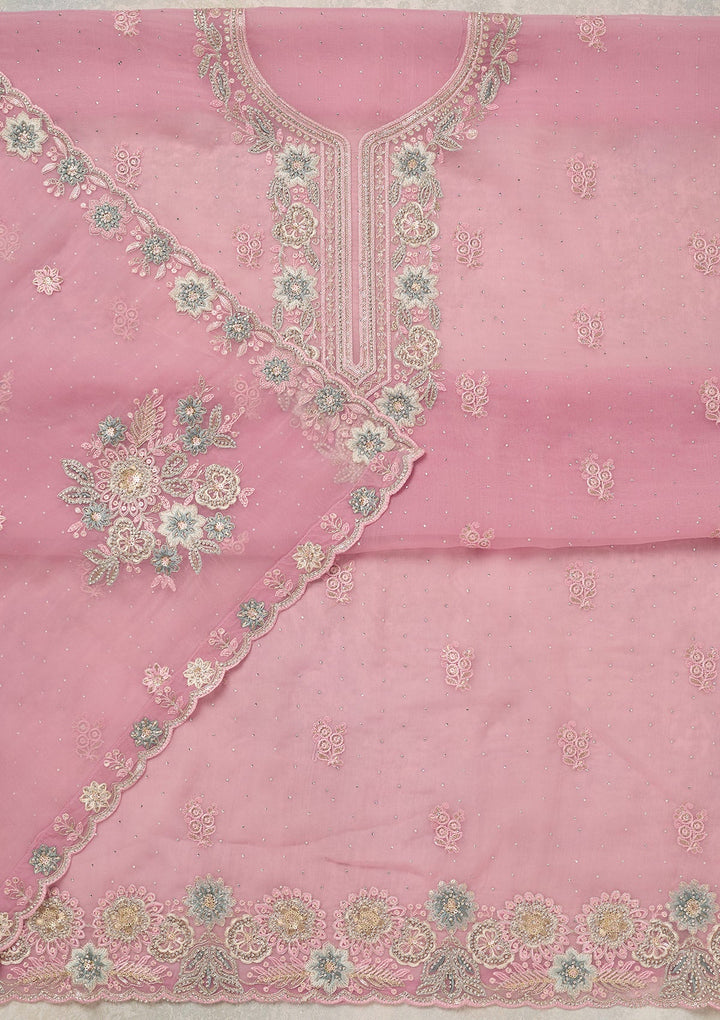 Baby Pink Zariwork (Silver) Organza Unstitched Salwar Suit_koskii