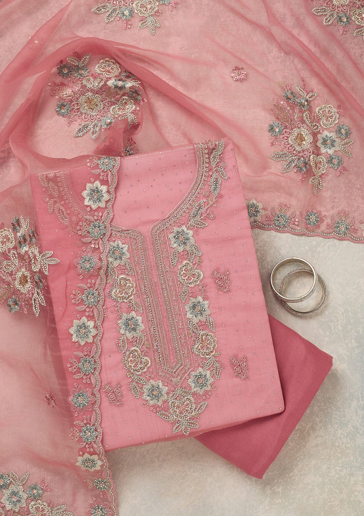 Onion Pink Zariwork (Silver) Organza Unstitched Salwar Suit_koskii
