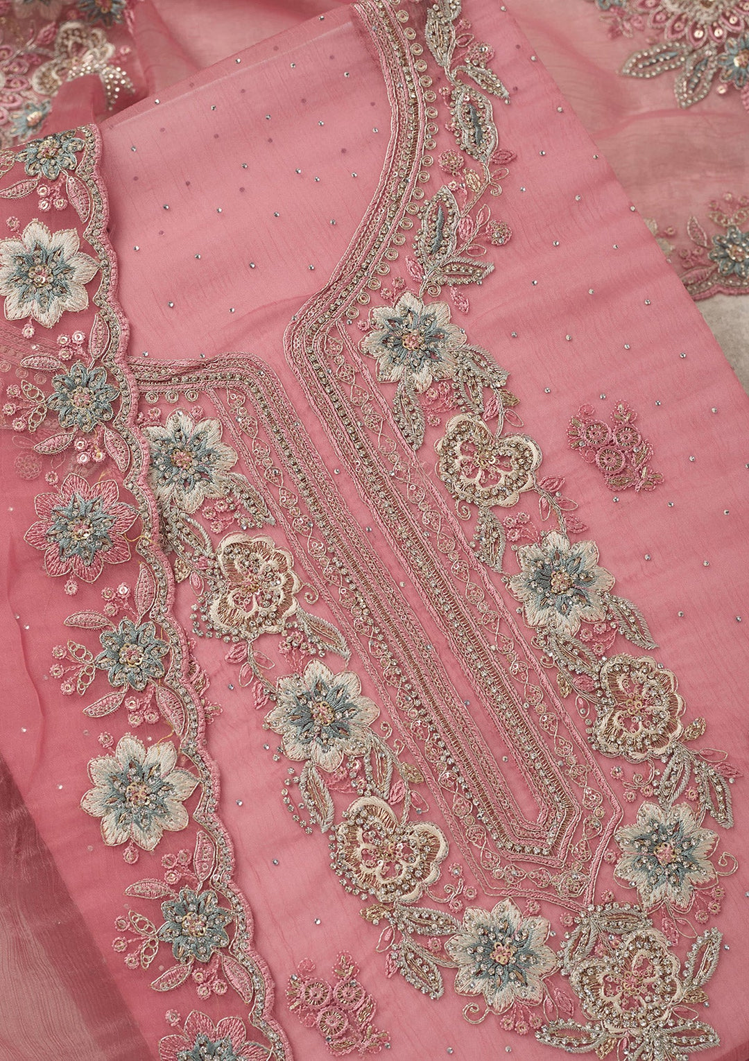 Onion Pink Zariwork (Silver) Organza Unstitched Salwar Suit_koskii